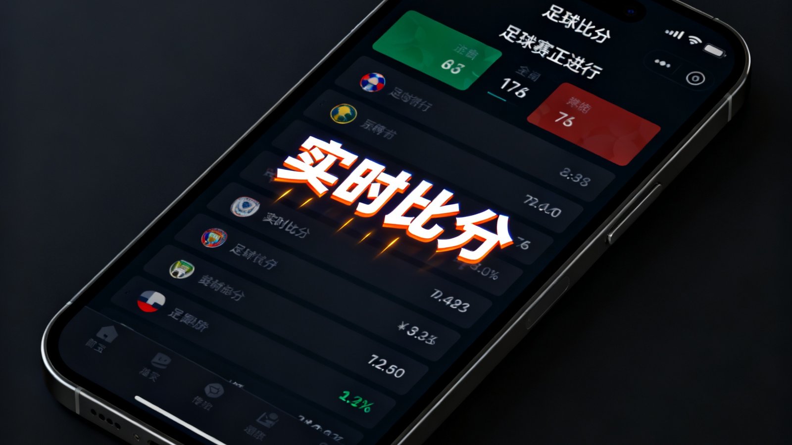一部智能手机屏幕显示开云app实时比分推送界面，足球比赛正在进行，比分在屏幕中央以醒目字体跳动更新，背景为深色UI设计，数据面板清晰排列。